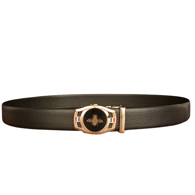 Ceinture pour homme Reims 3 noire en cuir avec boucle automatique en alliage ornée d'un motif abeille et de bandes colorées #fullwidth