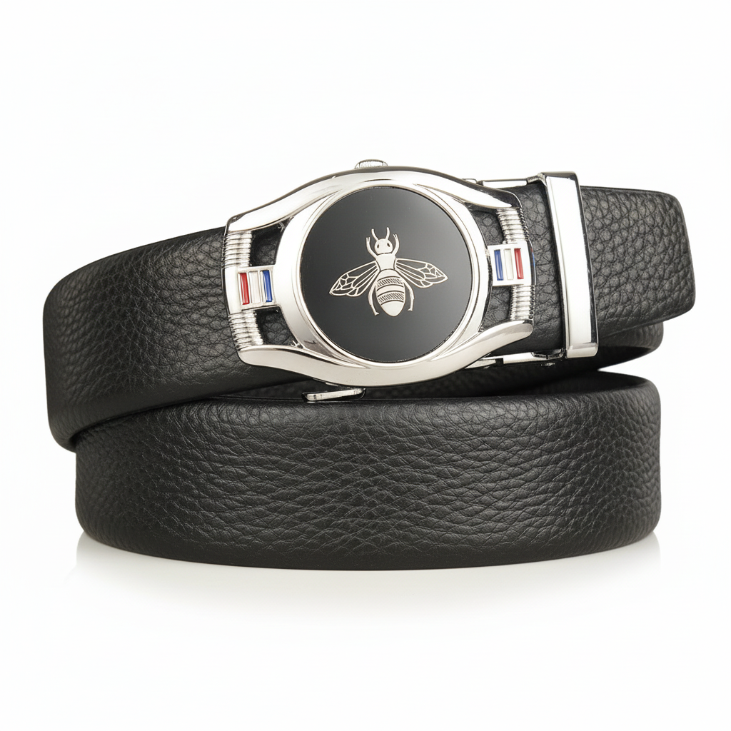 Ceinture noire pour homme Reims 3 avec boucle automatique argentée ornée d'une abeille et de détails tricolores.