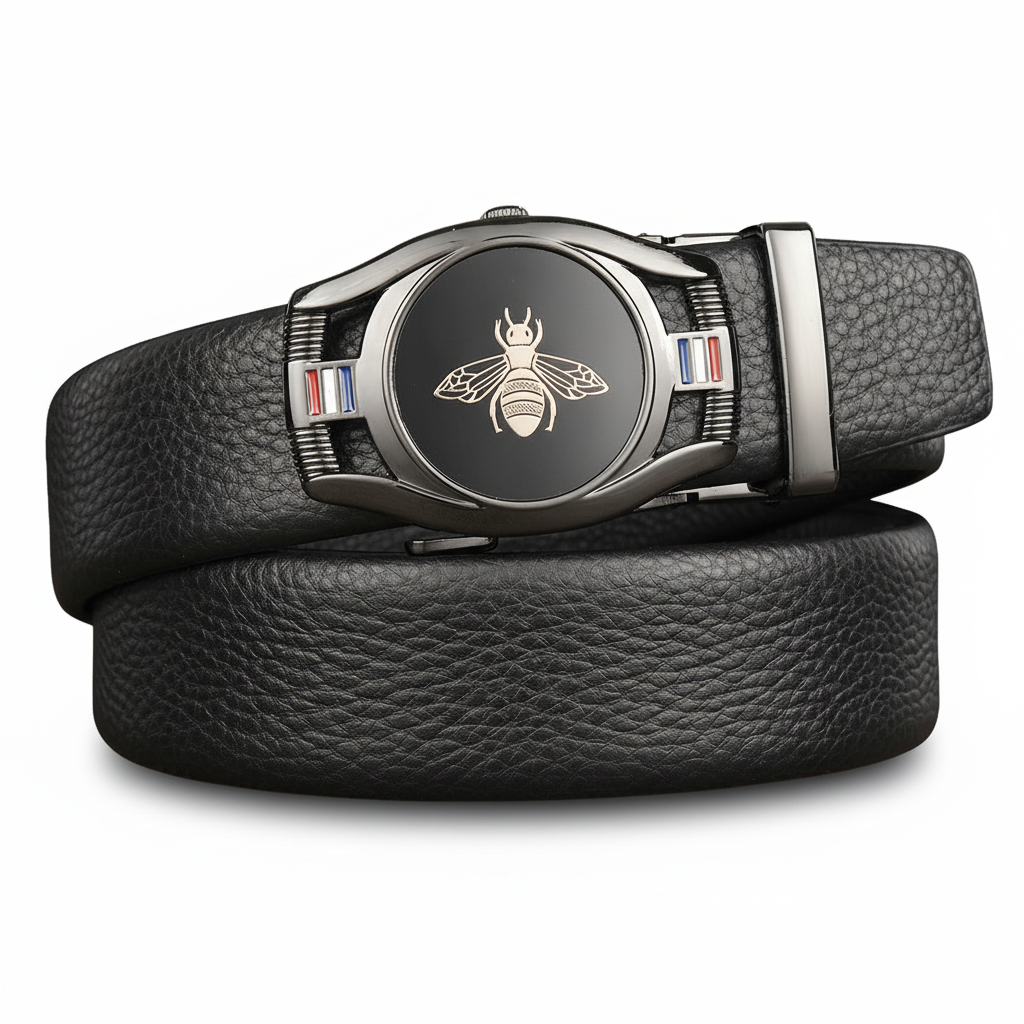 Ceinture homme Reims 3 en cuir noir avec boucle automatique argentée ornée d'une abeille dorée et de détails tricolores sur fond blanc.