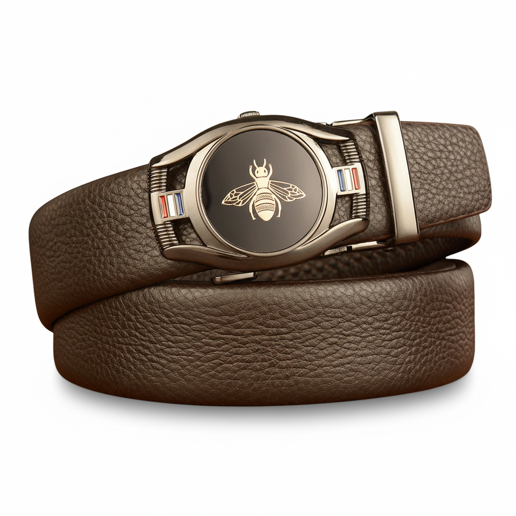 Ceinture pour homme Reims 3 en cuir marron grainé avec une boucle automatique ovale en alliage noir ornée d'un motif abeille dorée et de fines bandes tricolores.