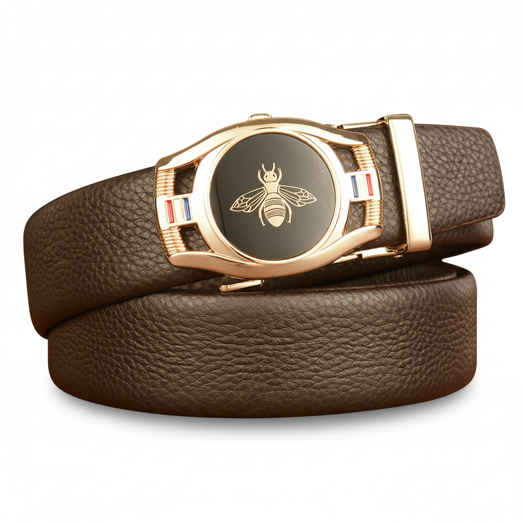 Ceinture homme Reims 3 en cuir grainé marron avec boucle automatique dorée ornée d'une abeille et de bandes tricolores.