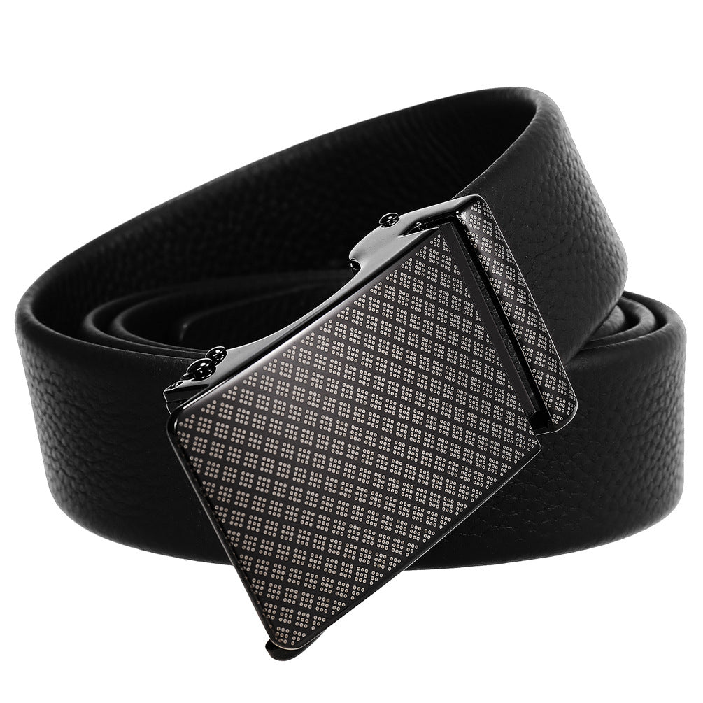 Ceinture homme Rémy noire en cuir refendu texturé avec boucle rectangulaire automatique argentée à motif losanges