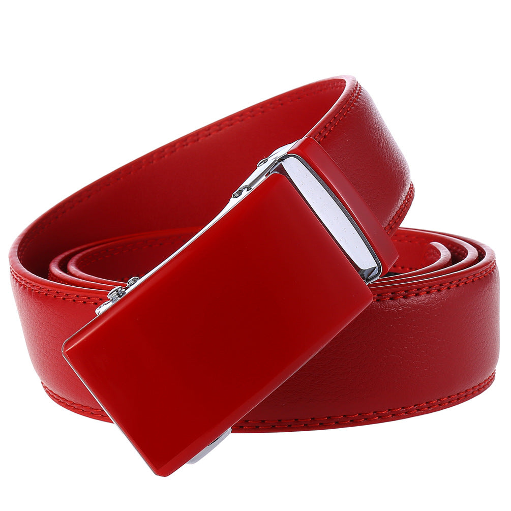 Ceinture homme Renoir rouge en cuir avec boucle automatique rectangulaire en alliage métallique.