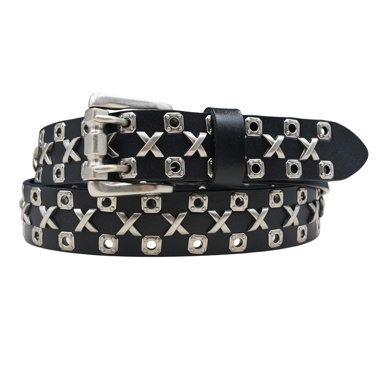 Ceinture punk rock Renoir pour homme en cuir noir avec lanière cloutée et motif croix argenté, boucle rectangulaire double ardillon en alliage argenté.