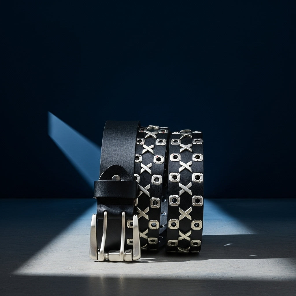 Ceinture Renoir pour homme en cuir noir clouté de croix et œillets métalliques, avec boucle double ardillon argentée. #fullwidth