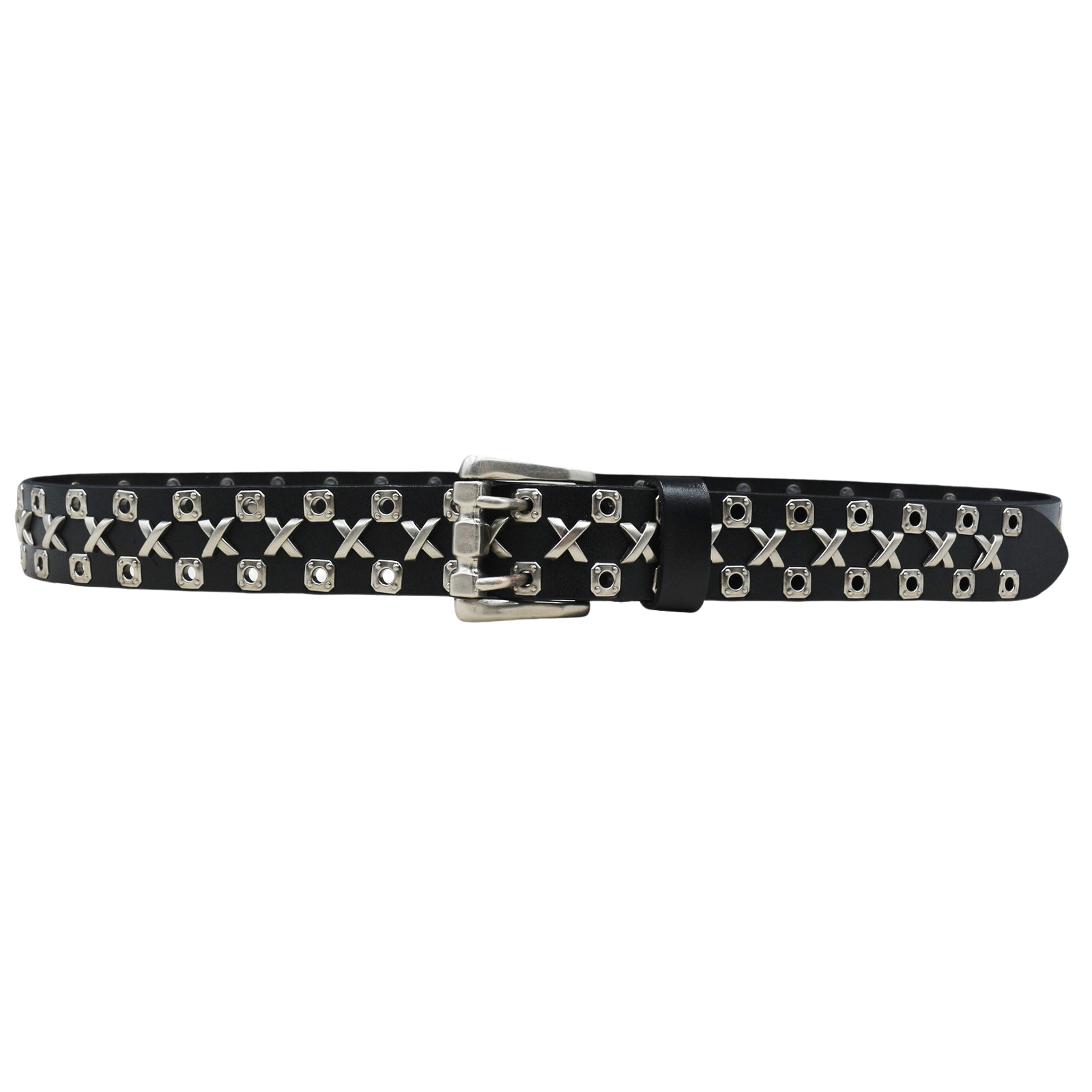 Ceinture homme Renoir en cuir noir avec œillets métalliques et motif croix, boucle argentée. #fullwidth