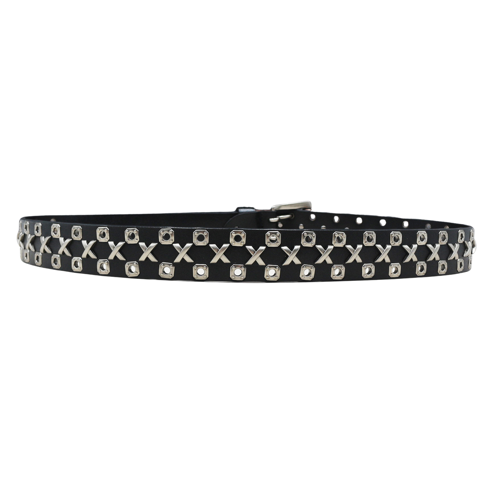 Ceinture noire pour homme Renoir ornée de clous argentés en forme de croix et d'œillets, avec boucle rectangulaire.