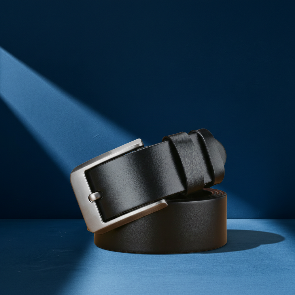 Ceinture République noire en cuir pleine fleur avec boucle ardillon argentée, posée sur fond bleu avec un éclairage dramatique. #fullwidth