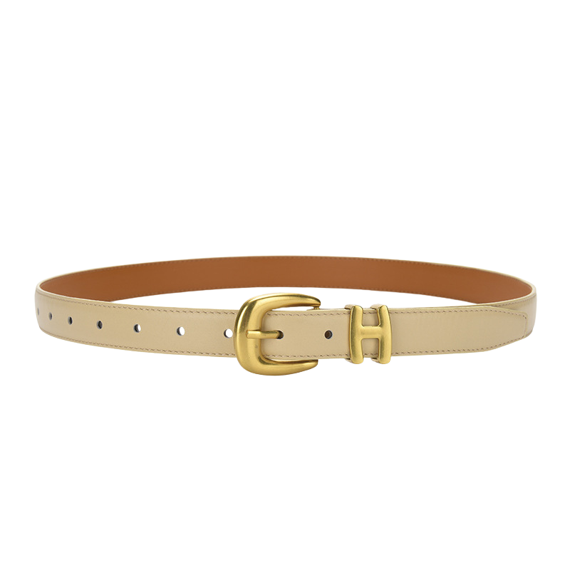 Ceinture femme Rêveuse en cuir beige avec boucle ardillon dorée ornée d'un H