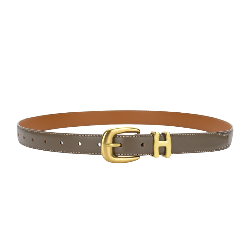 Ceinture femme Rêveuse en cuir pleine fleur gris avec boucle ardillon dorée ornée d'un H