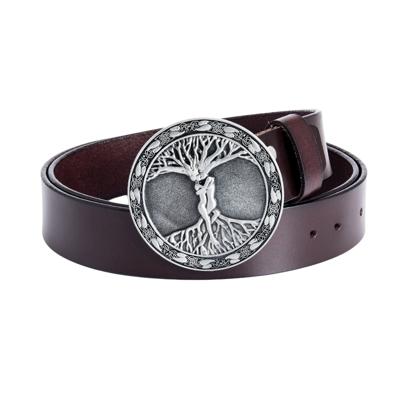 Ceinture pour homme Rimbaud 1 en cuir marron foncé avec une boucle ronde argentée ornée d'un arbre de vie sculpté.