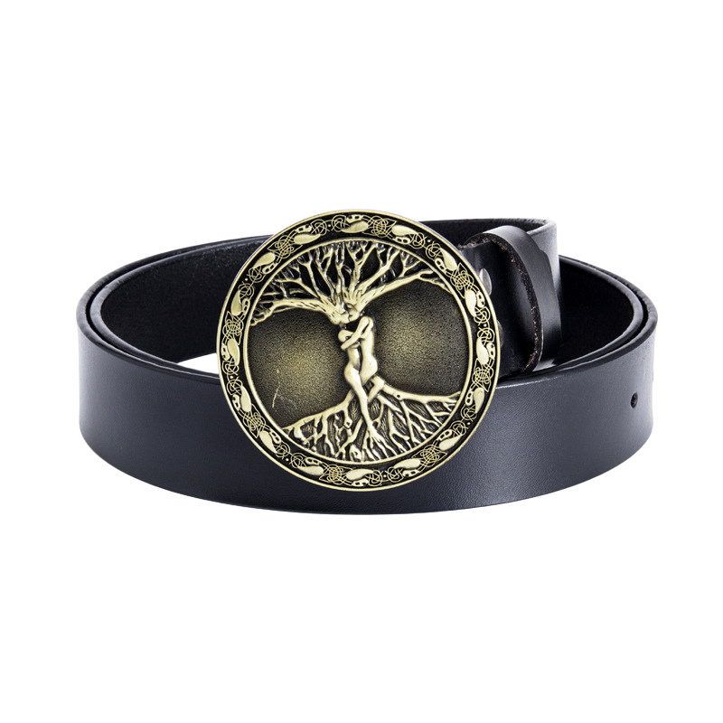 Ceinture homme Rimbaud 1 en cuir noir avec boucle ronde dorée ornée d'un arbre de vie sculpté