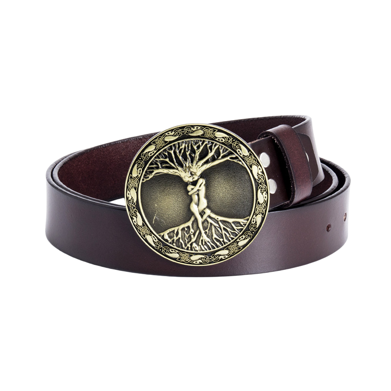 Ceinture pour homme Rimbaud 1 en cuir marron avec une boucle ronde dorée ornée d'un arbre de vie sculpté.