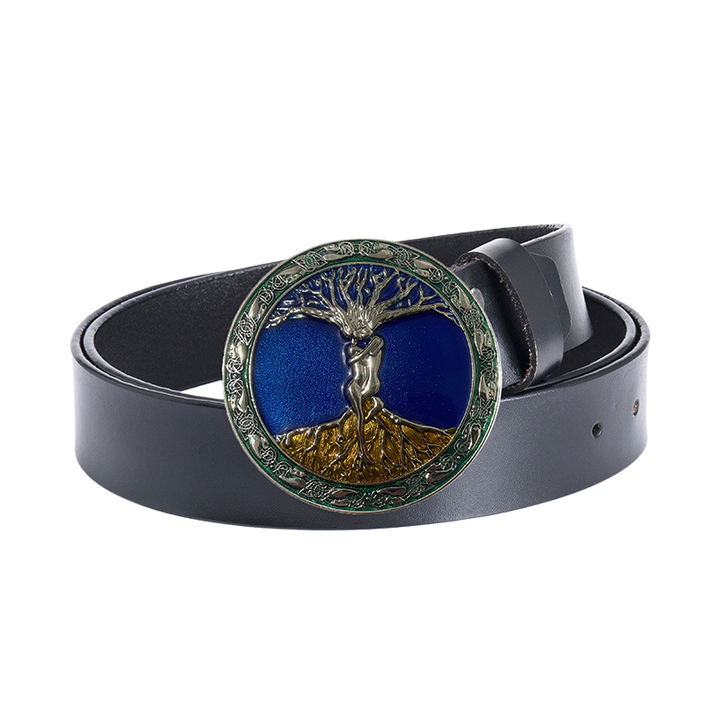 Ceinture homme Rimbaud 1 en cuir noir avec boucle ronde ornée d'un arbre de vie sculpté sur fond bleu et doré.