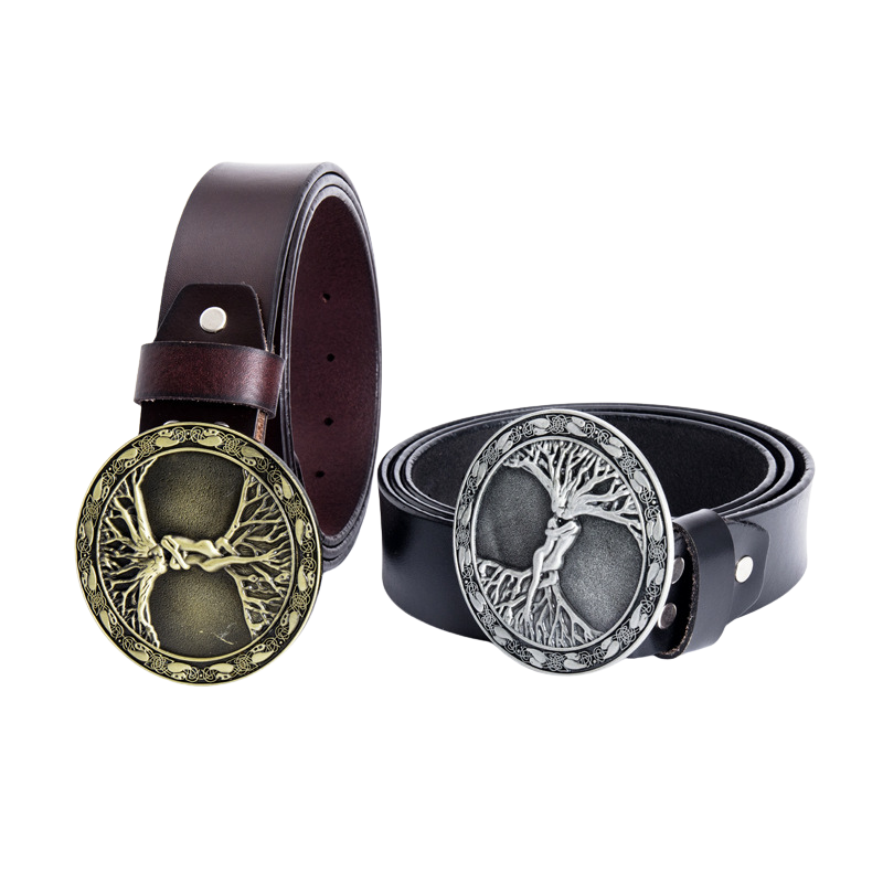 Ceinture pour homme Rimbaud 1 en cuir marron et noir, dotée de boucles rondes ornées d'un arbre de vie sculpté, disponibles en finition dorée et argentée.