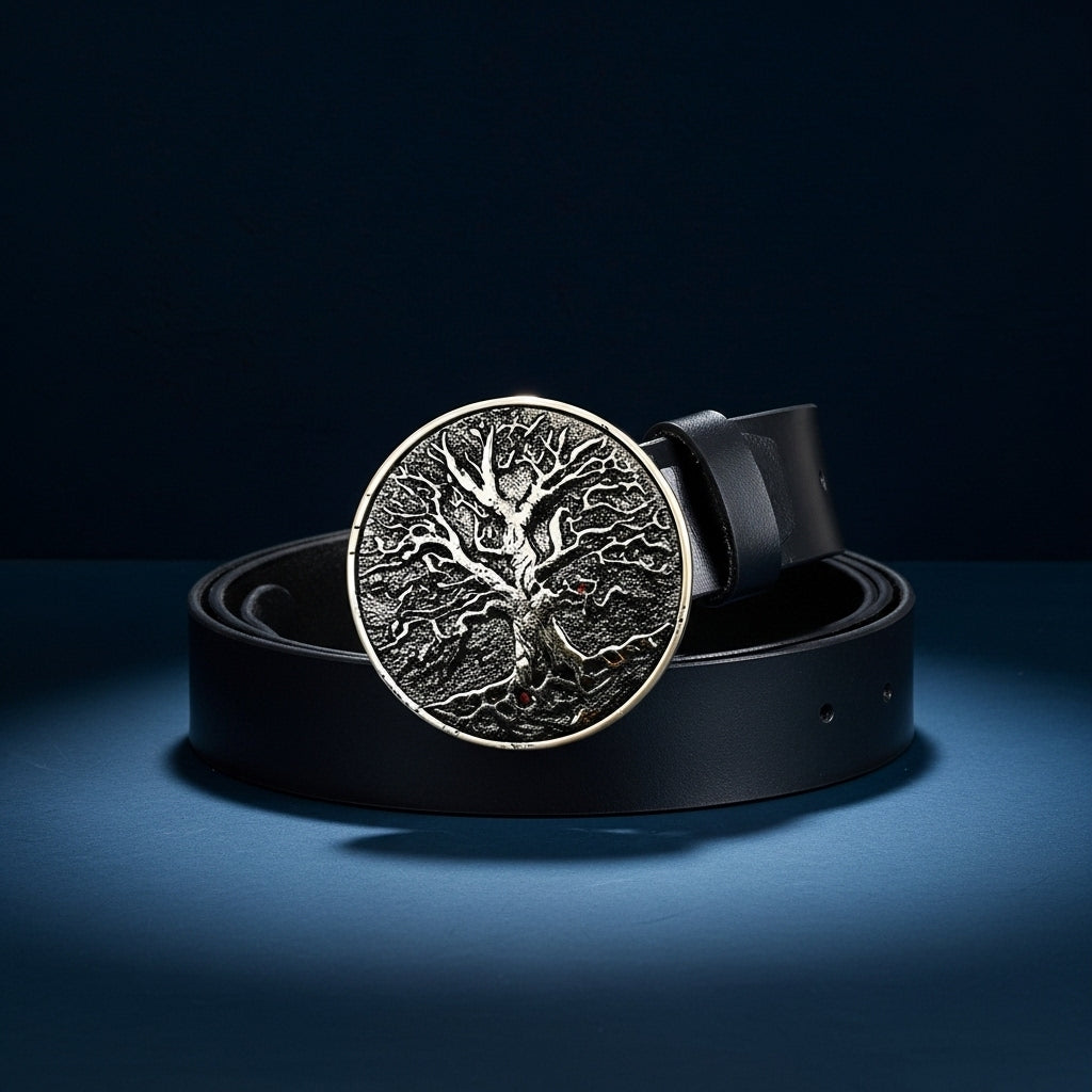 Ceinture Rimbaud 2 pour homme en cuir de vachette noir avec boucle ronde en alliage doré ou argenté ornée d'un arbre de vie sculpté #fullwidth