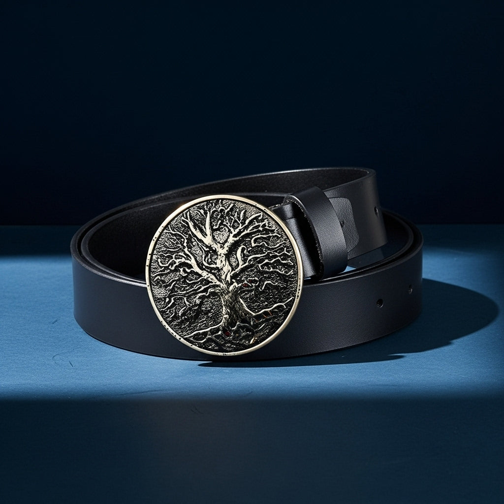 Ceinture Rimbaud 2 pour homme en cuir de vachette noir avec une boucle ronde en alliage doré ornée d'un arbre de vie sculpté. #fullwidth