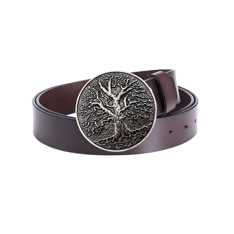 Ceinture pour homme Rimbaud 2 en cuir marron foncé avec une boucle ronde argentée ornée d'un arbre de vie sculpté.