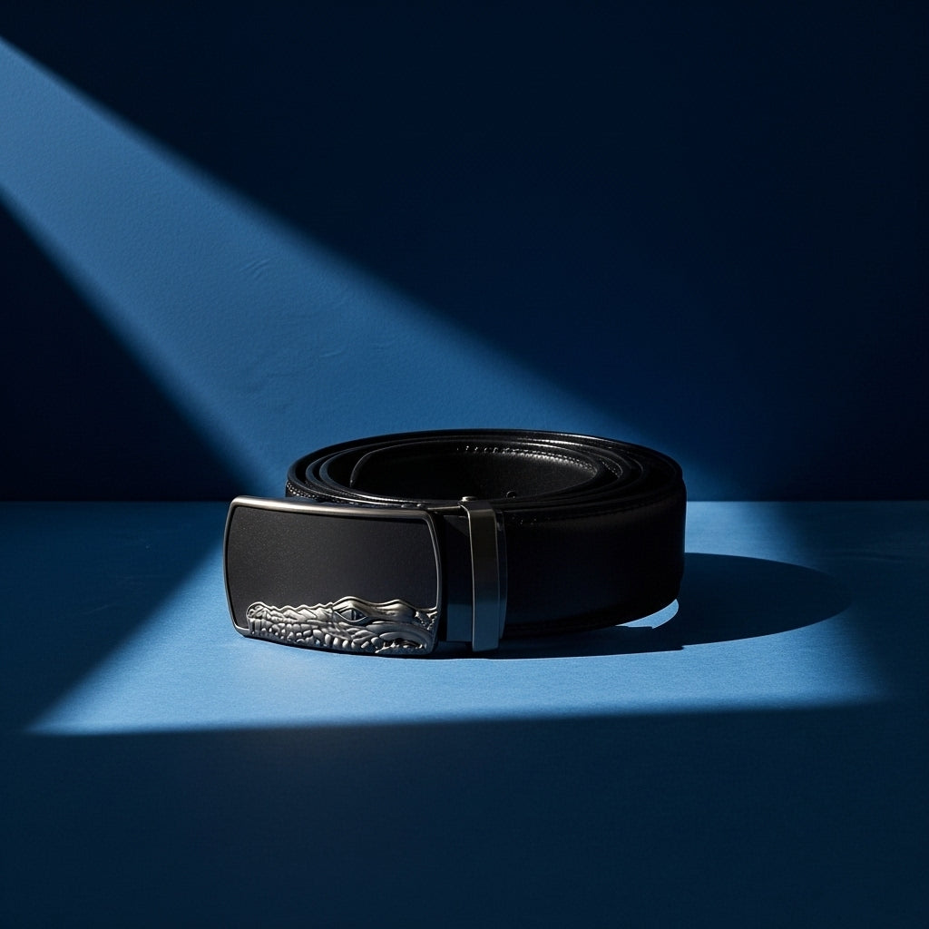 Ceinture homme Rimbaud en cuir de vachette noir avec boucle automatique argentée ornée d'un motif crocodile en relief #fullwidth