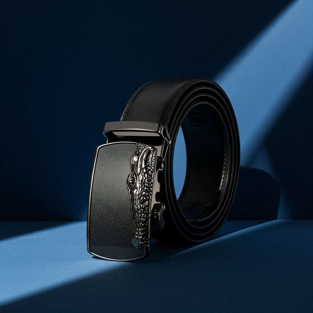 Ceinture Rimbaud noire en cuir de vachette texturé avec boucle rectangulaire argentée à motif crocodile en relief #fullwidth