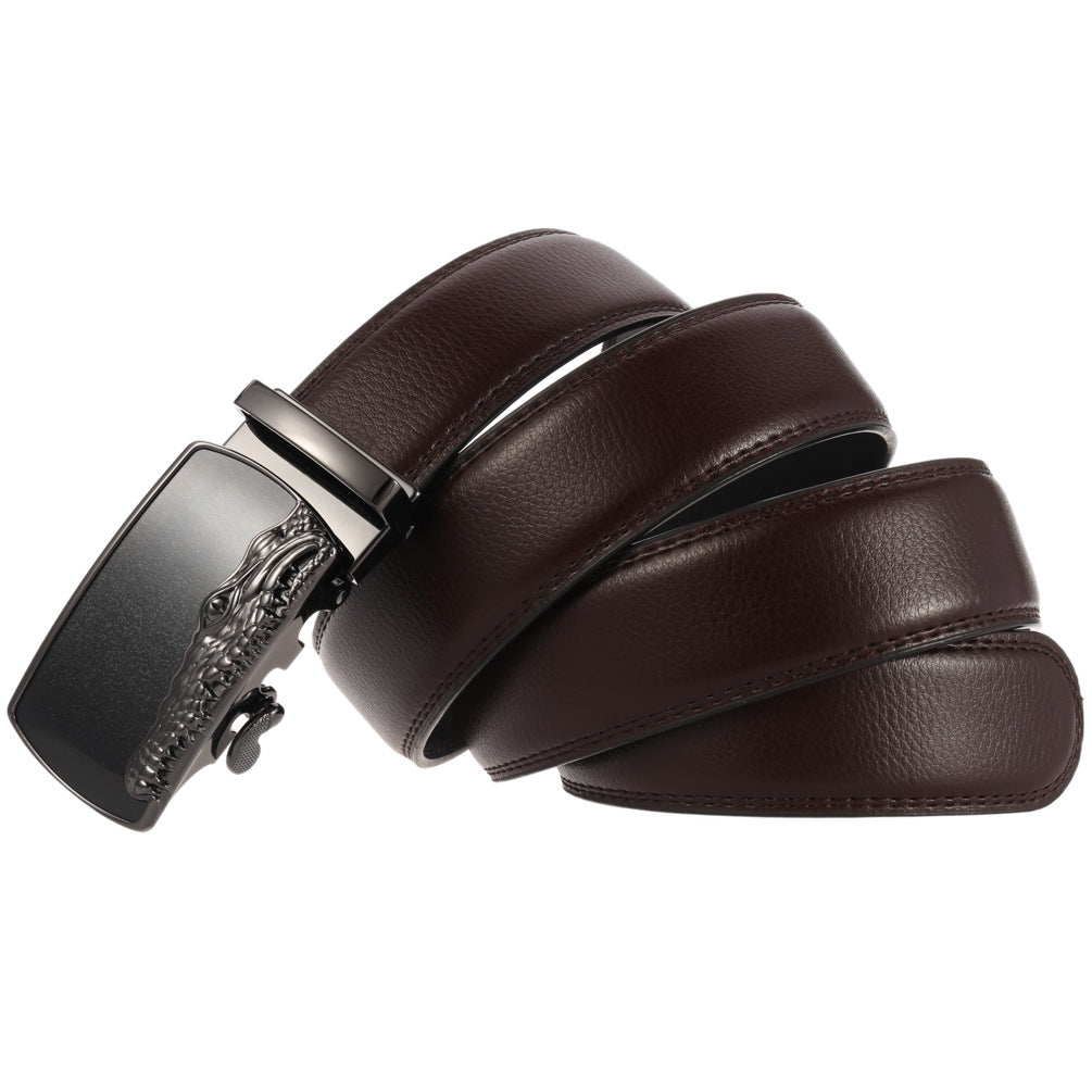 Ceinture homme Rimbaud en cuir de vachette marron texturé avec boucle automatique argentée ornée d'un motif crocodile
