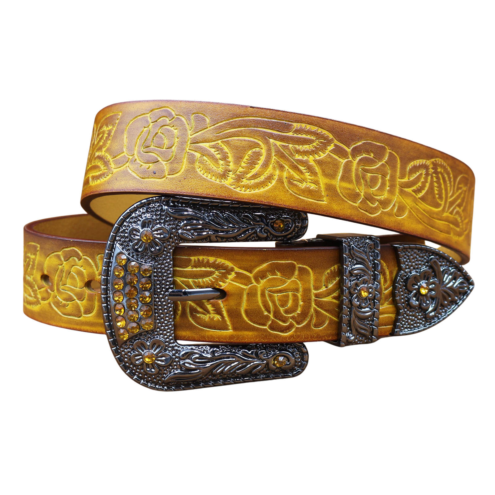 Ceinture Rixe pour homme en cuir jaune avec motif floral gravé et boucle ardillon argentée ornée de strass.