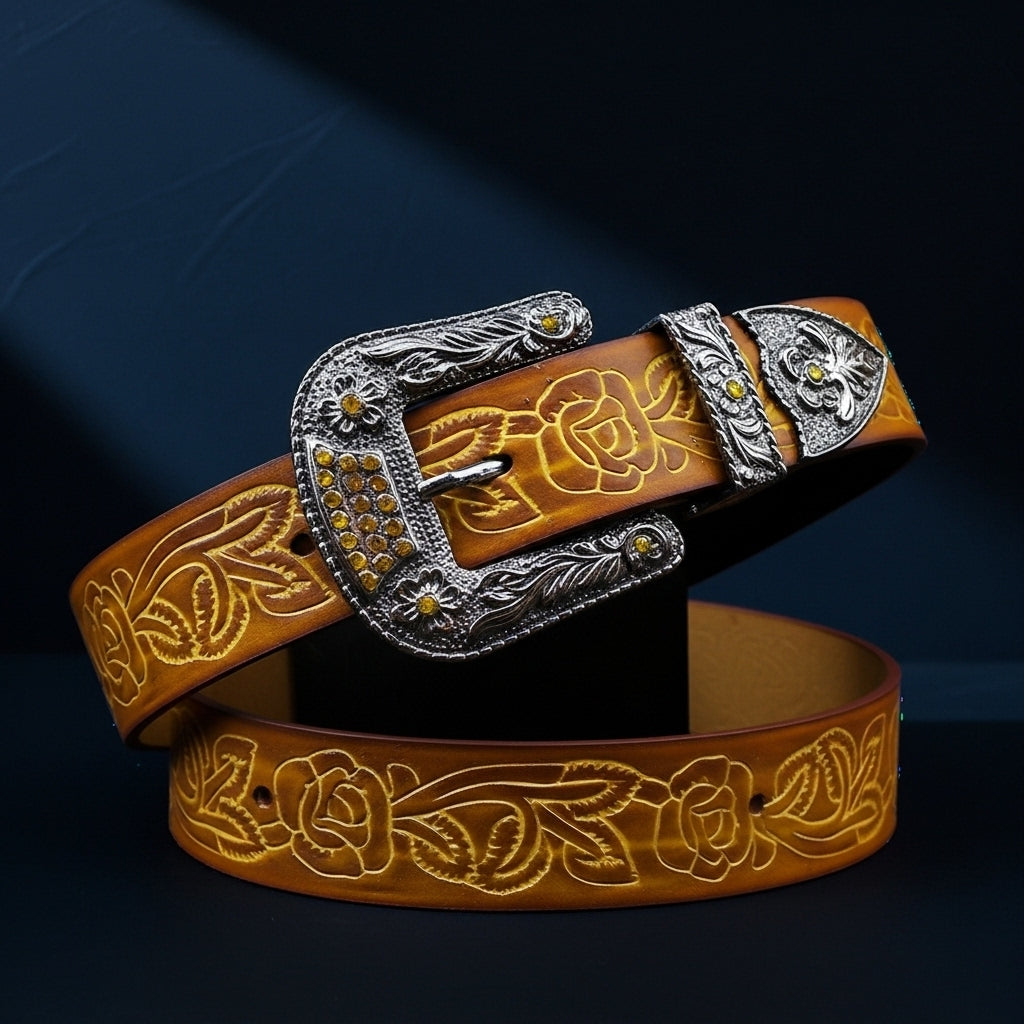 Ceinture Rixe pour homme en cuir texturé marron avec motifs floraux gravés et boucle ovale ornée de strass jaunes et de détails argentés #fullwidth