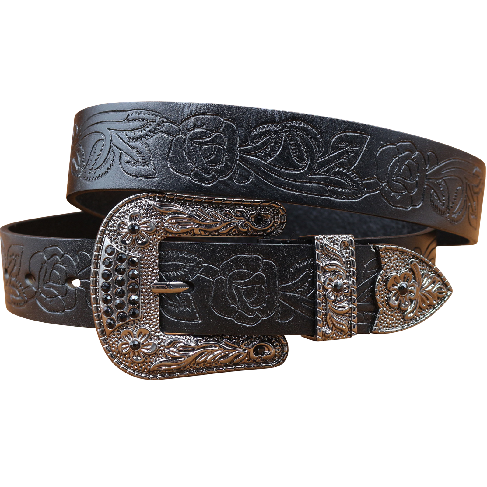 Ceinture Rixe pour homme en cuir noir avec motif floral gravé, boucle ardillon argentée ornée de strass noirs.