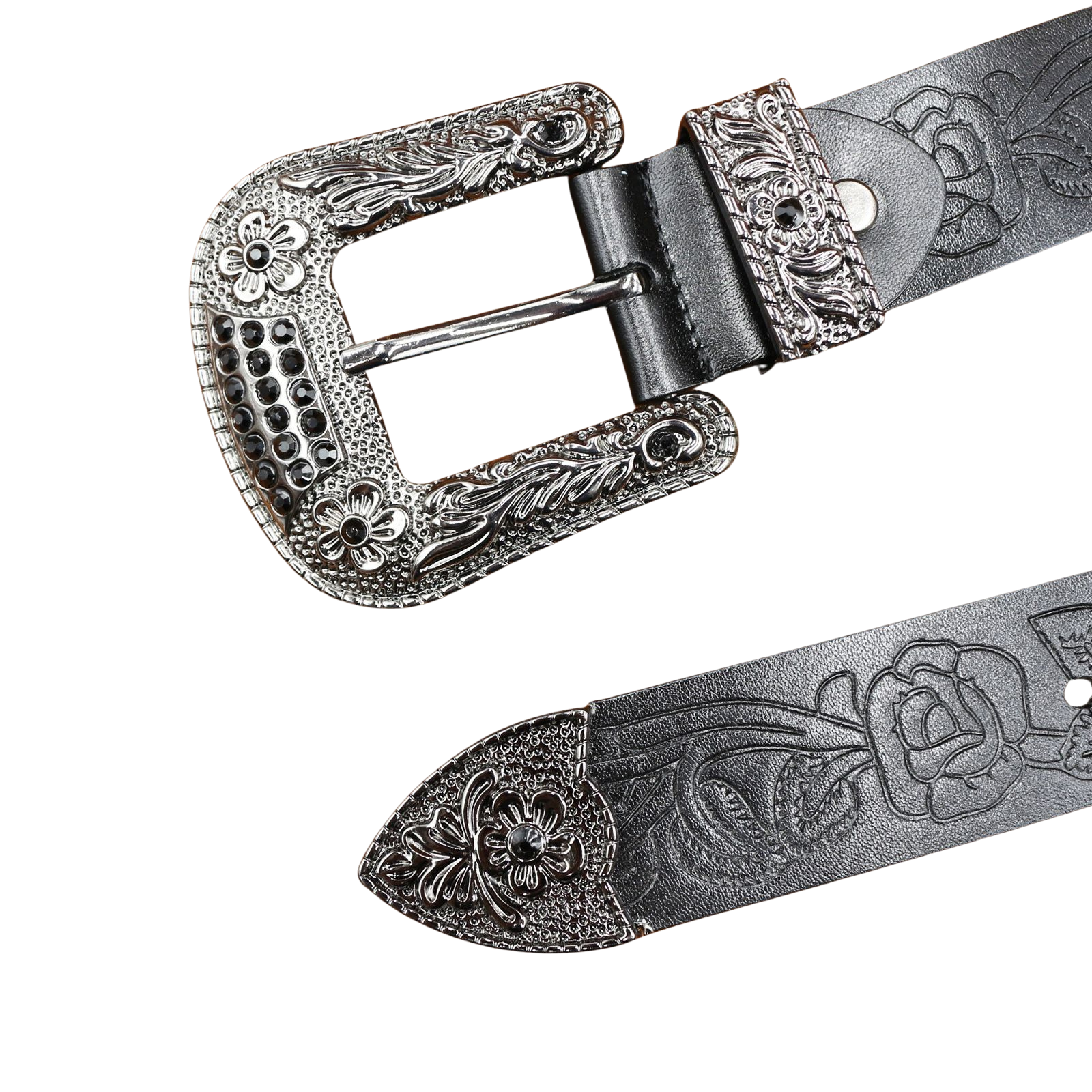 Ceinture Rixe pour homme en cuir noir gravé de motifs floraux, boucle ardillon argentée incrustée de strass noirs.