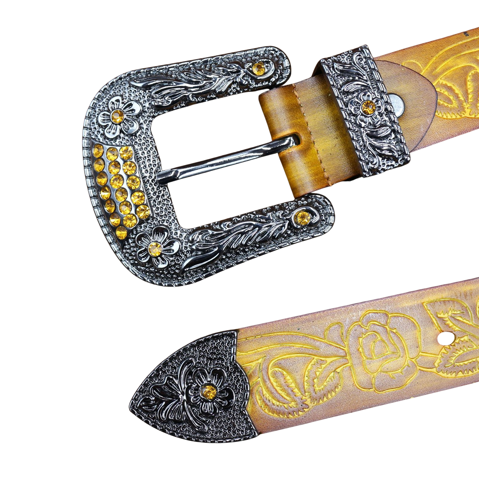 Ceinture pour homme Rixe en cuir refendu jaune avec motifs floraux gravés et boucle ardillon argentée ornée de strass jaunes et de détails floraux.