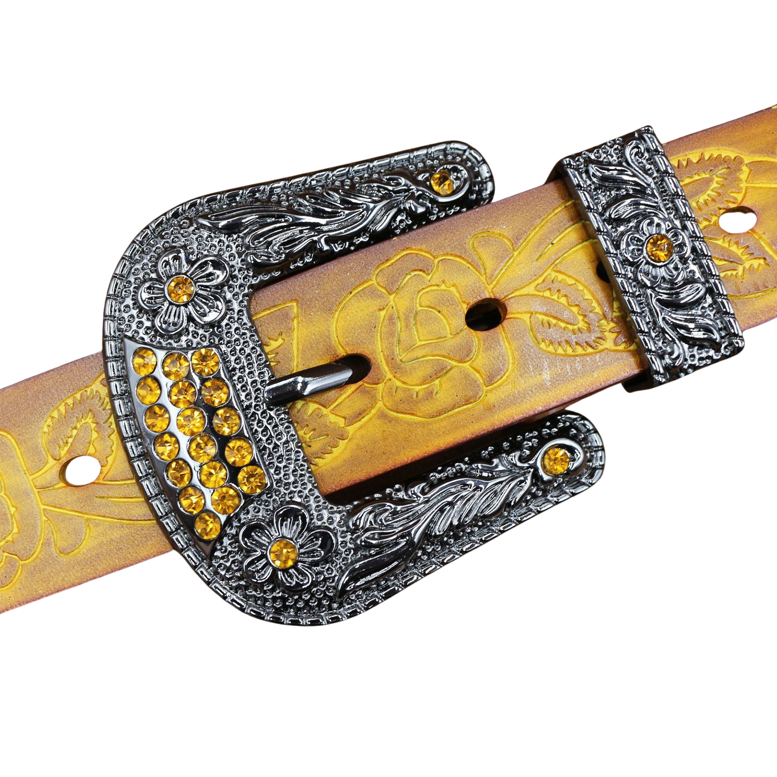 Ceinture pour homme Rixe en cuir refendu jaune orné de motifs floraux gravés et d'une boucle ardillon argentée incrustée de strass jaune.