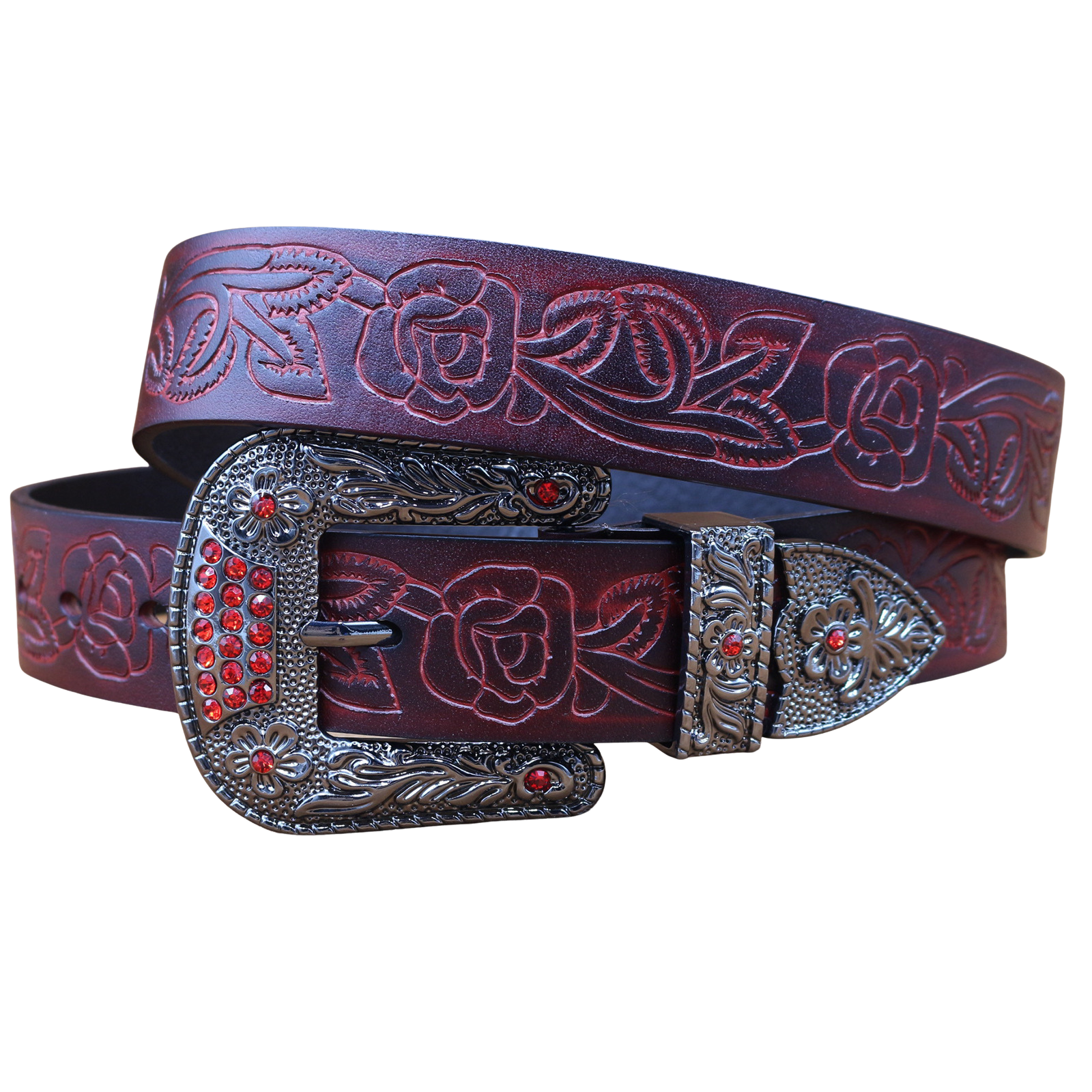 Ceinture Rixe bordeaux pour homme en cuir gravé de motifs floraux avec boucle ornée de strass rouges.