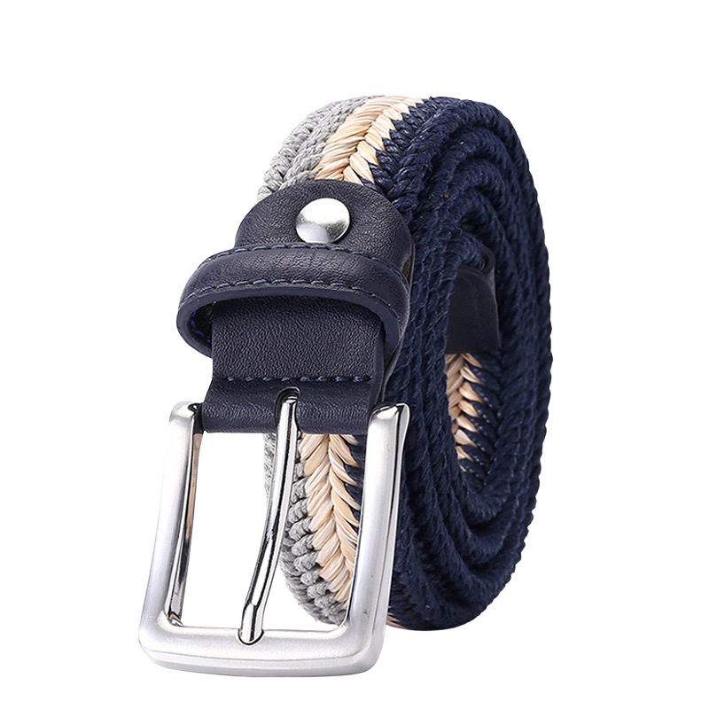 Ceinture tressée pour homme RobinTan, avec des rayures bleues, beiges et grises, et une boucle ardillon argentée.