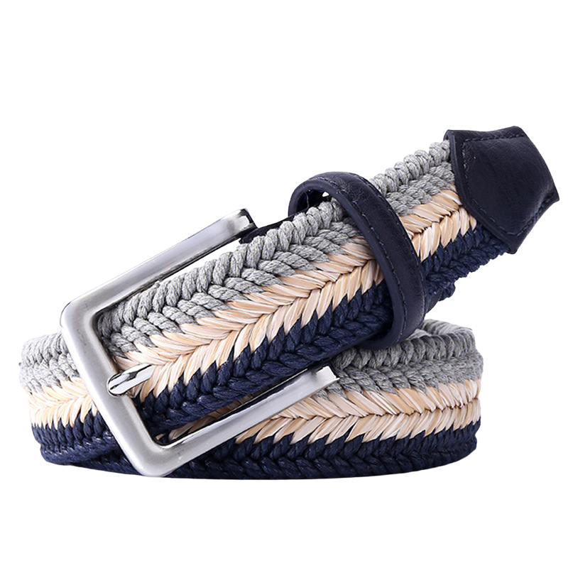 Ceinture tressée pour homme RobinTan avec bandes bleues, beiges et grises, boucle ardillon argentée