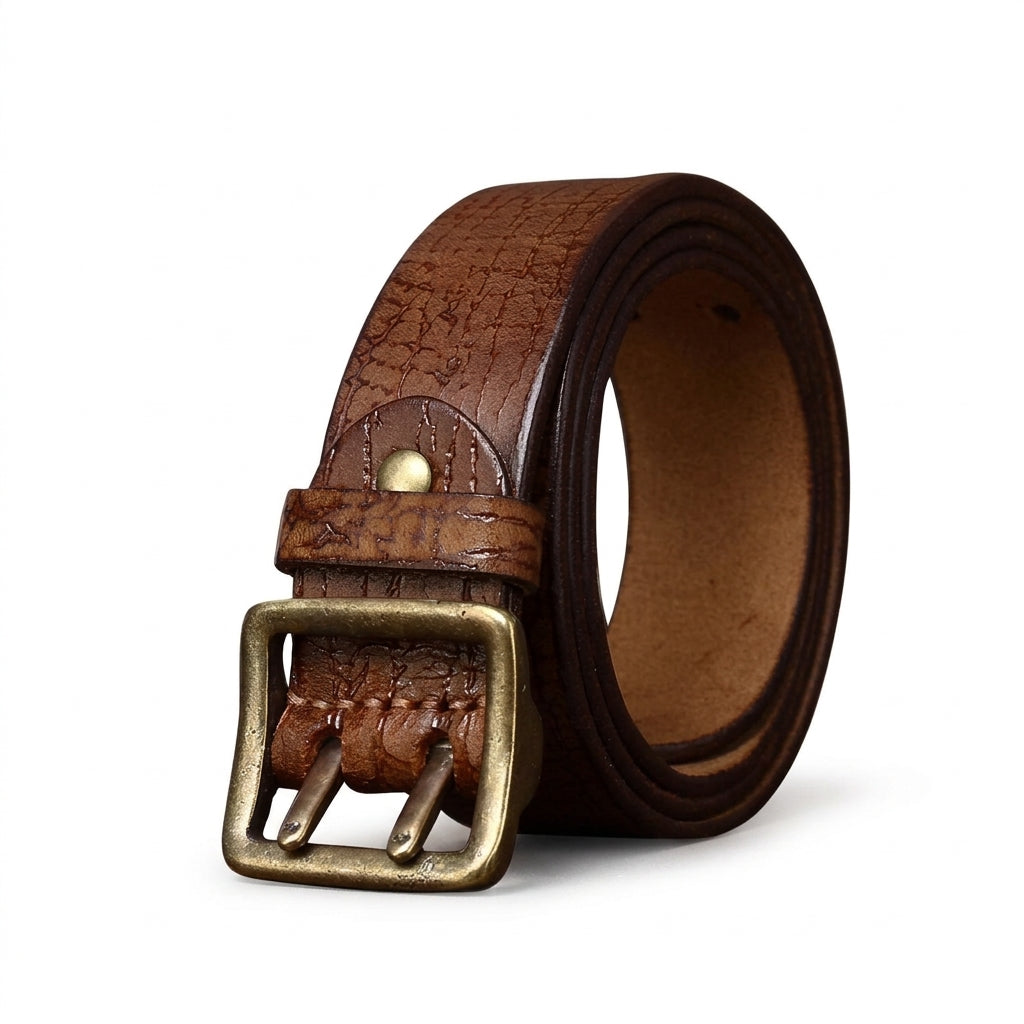 Ceinture Rohan en cuir de vachette pleine fleur marron avec texture craquelée vintage, dotée d'une boucle rectangulaire à double ardillon en cuivre vieilli