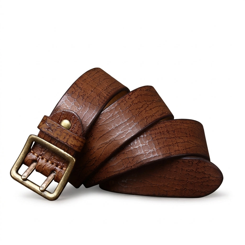 Ceinture pour homme Rohan en cuir pleine fleur marron avec texture craquelée vintage et boucle rectangulaire à double ardillon en cuivre vieilli
