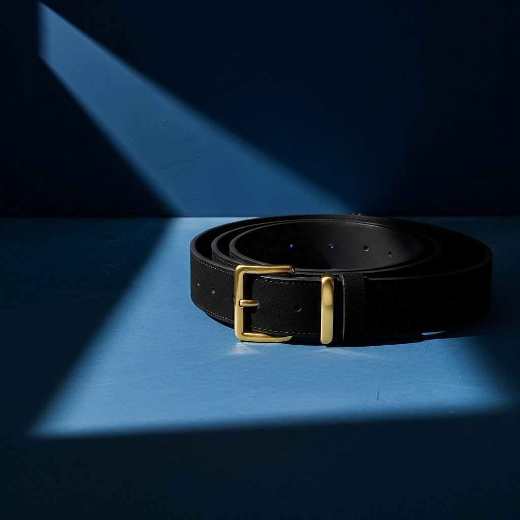 Ceinture Romane noire en daim refendu avec boucle ardillon rectangulaire dorée, vue de face sur fond bleu #fullwidth