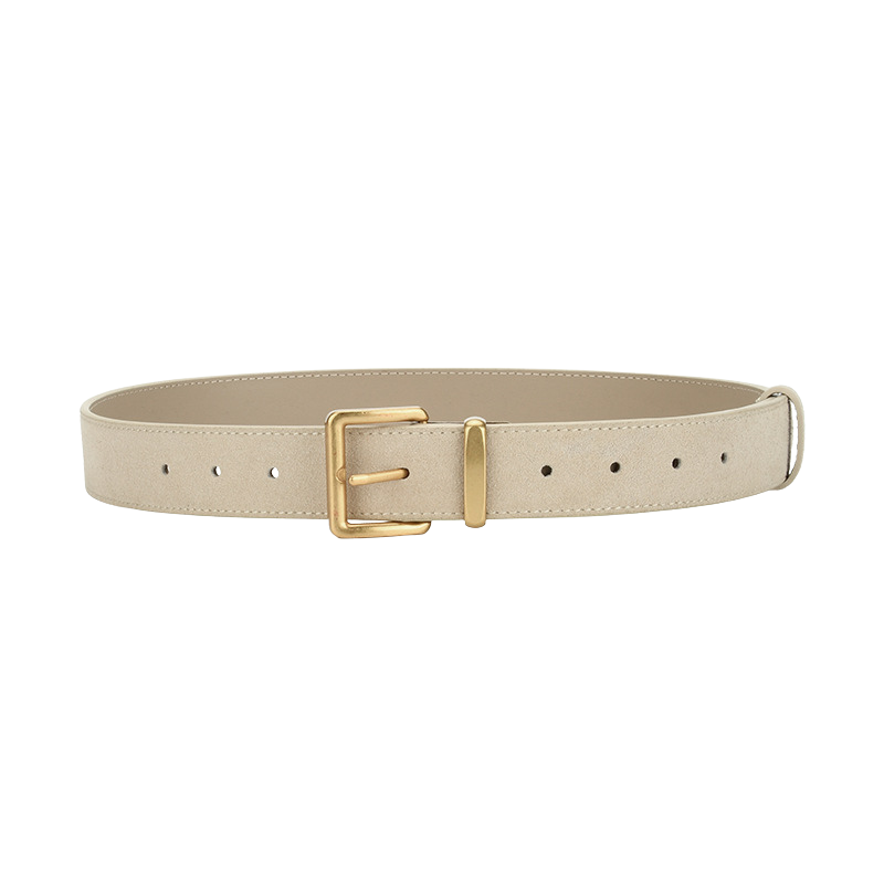 Ceinture Romane en daim de vachette refendu beige avec boucle ardillon rectangulaire dorée.