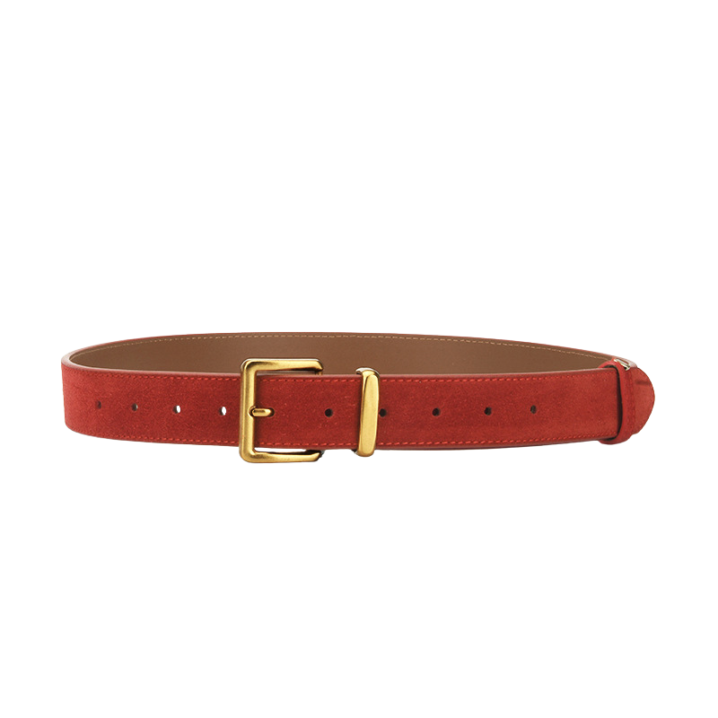 Ceinture Romane rouge en daim avec boucle ardillon dorée rectangulaire