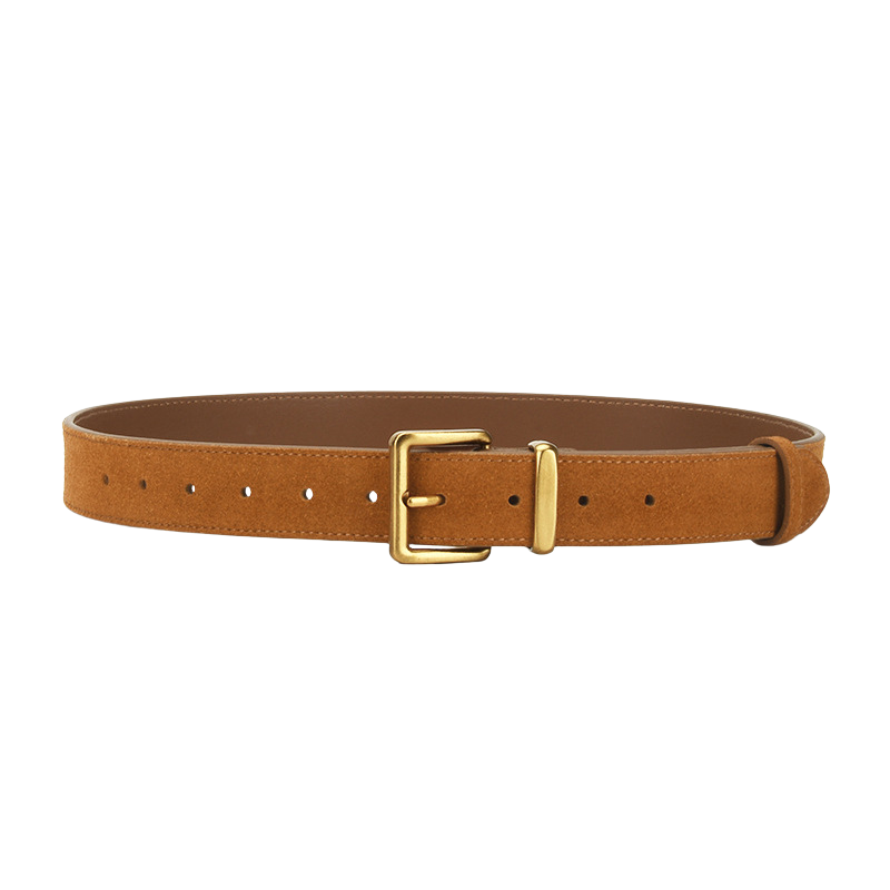 Ceinture fine Romane en daim marron avec boucle ardillon rectangulaire dorée.