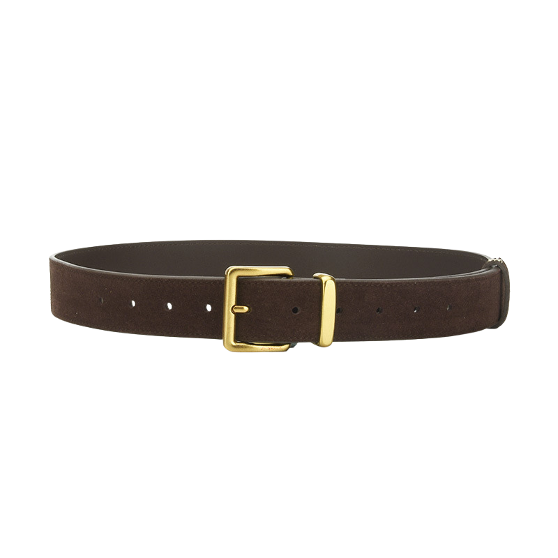Ceinture Romane en daim marron foncé avec boucle ardillon rectangulaire dorée.