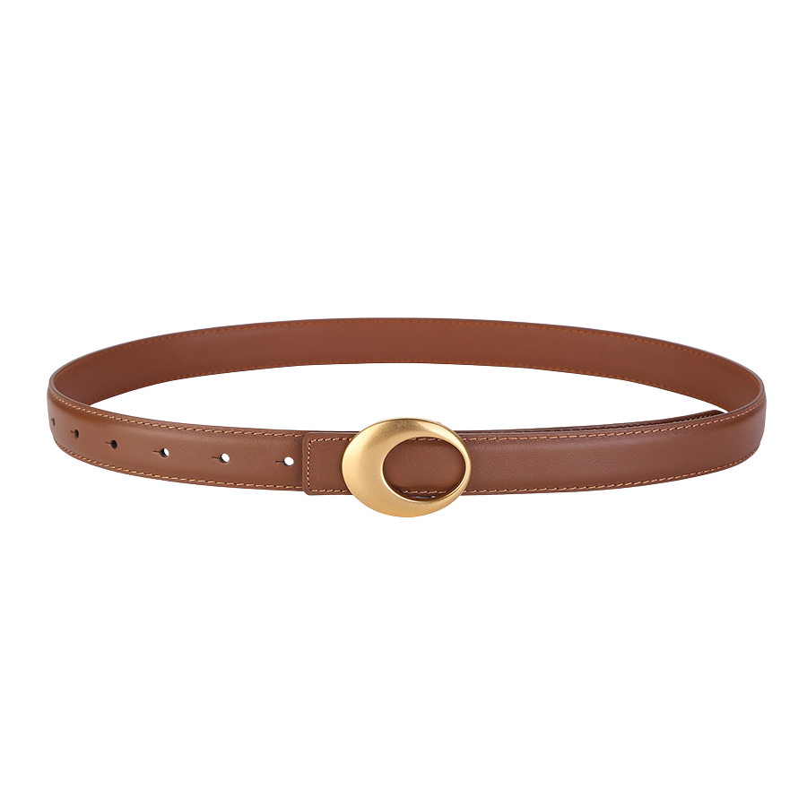 Ceinture femme Rosalie en cuir marron avec une boucle ovale dorée asymétrique.