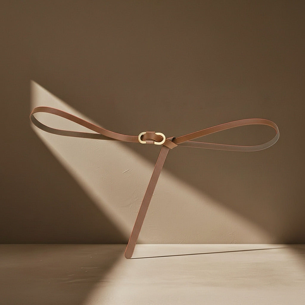 Ceinture fine en cuir de vachette refendu, couleur marron clair, avec une boucle dorée sans trou. #fullwidth