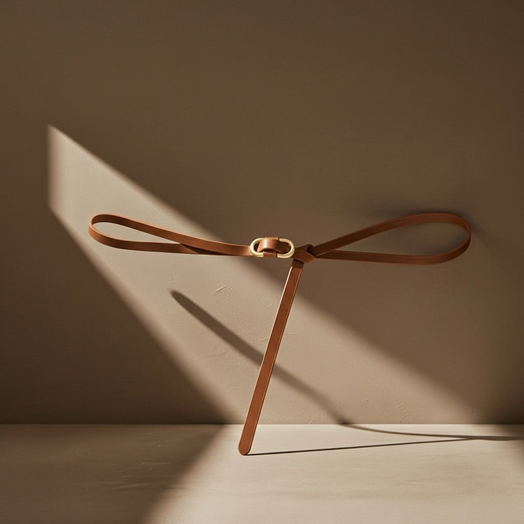 Ceinture fine en cuir marron avec boucle dorée à double anneau, sans trou, pour femme. #fullwidth