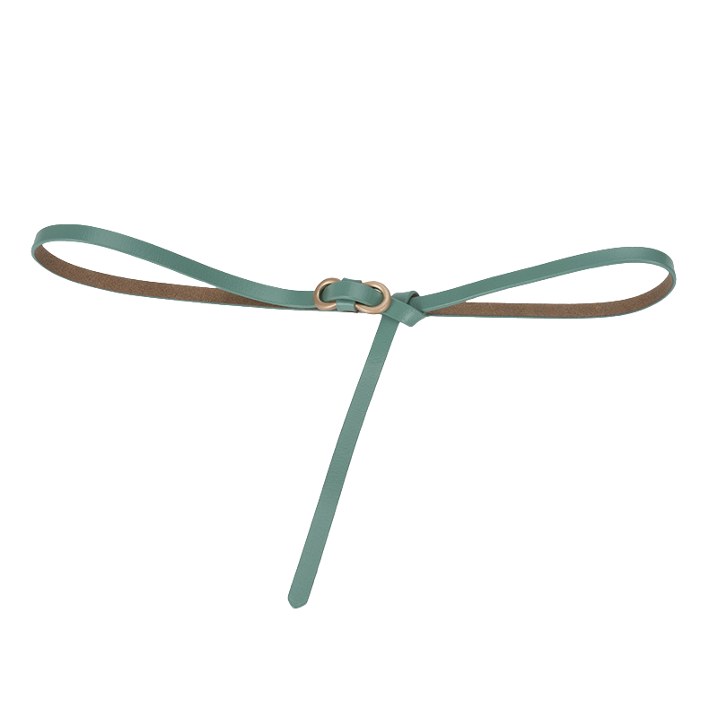 Ceinture fine verte d'eau pour femme, en cuir de vachette, avec boucle à double anneau dorée sans trou, finition brillante et résistante.