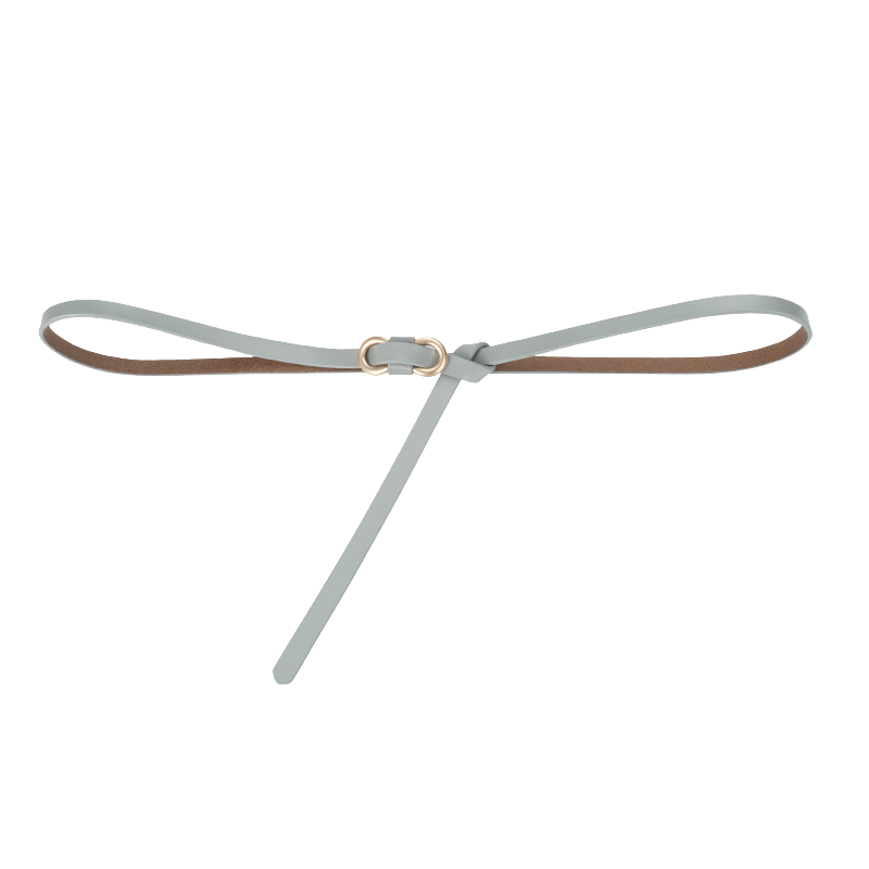 Ceinture fine Rose gris clair avec boucle double anneau doré sans trou, en cuir de vachette refendu avec finition brillante.