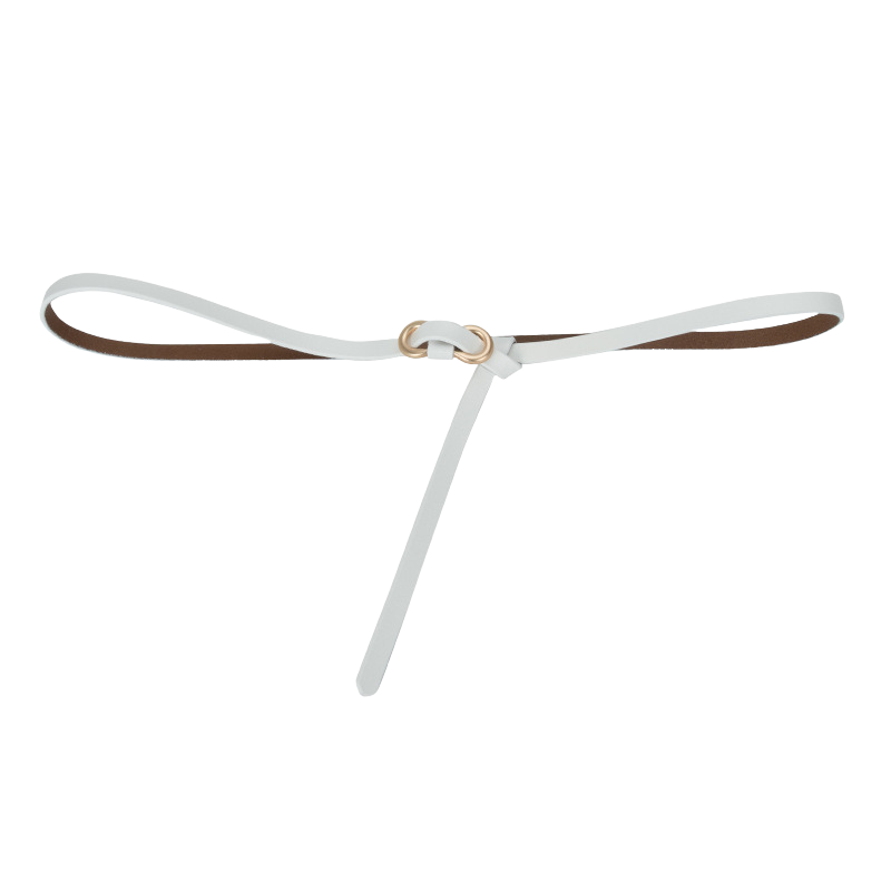 Ceinture fine blanche pour femme, modèle Rose, avec boucle double anneau doré sans trou, lanière en cuir de vachette refendu avec finition brillante.