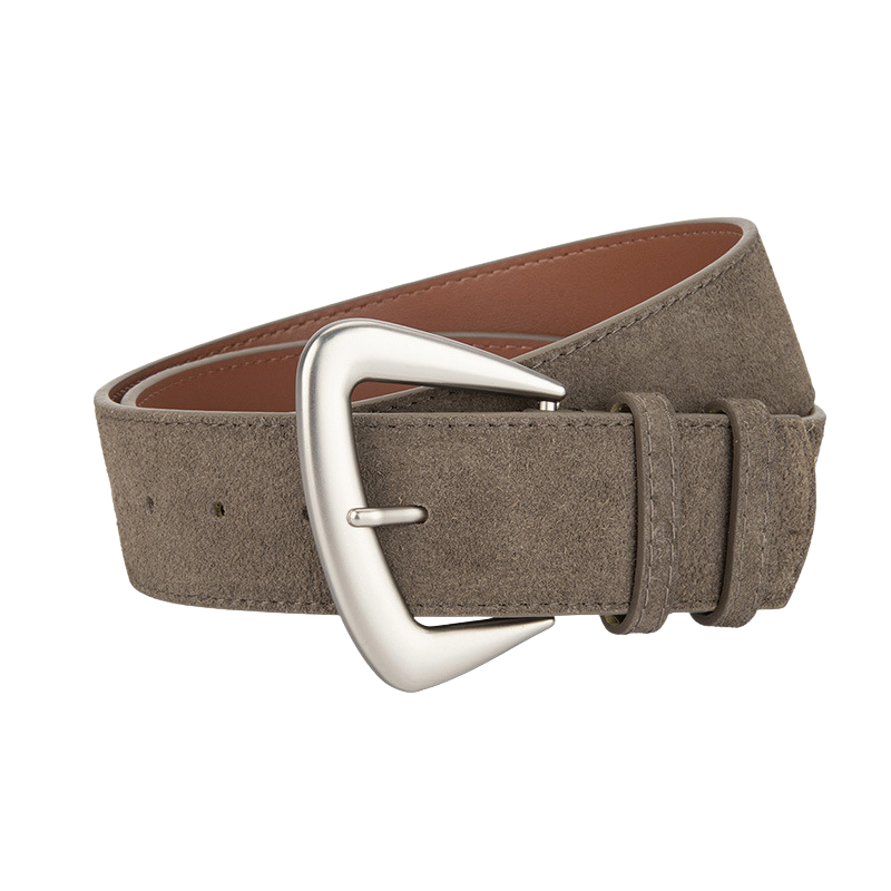 Ceinture Rosée en daim marron foncé avec une boucle argentée arrondie en forme de D