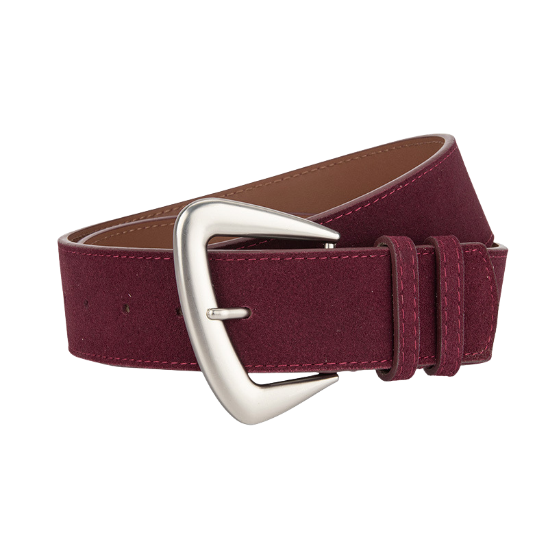 Ceinture Rosée en suède bordeaux avec boucle ardillon argentée en forme de D arrondie, largeur 4,3 cm.