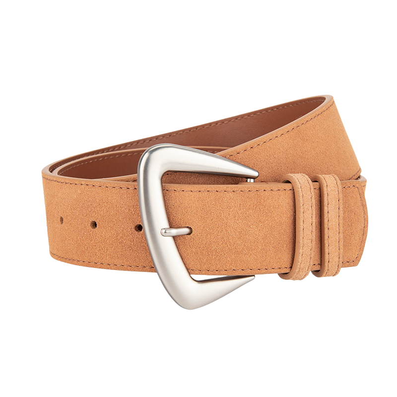 Ceinture Rosée en cuir de vachette suédé orange, avec boucle ardillon argentée en alliage métallique. Largeur de 4,3 cm et boucle en forme de D arrondie.